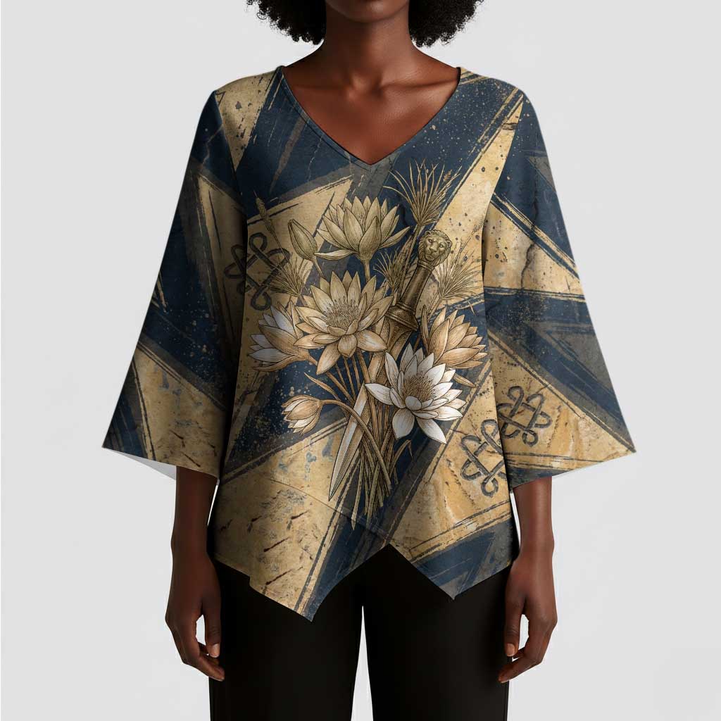 Maahes Ancient Egyptian Kimono Sleeve Blouse Geometric Pattern Winged Lion Deity, and Sacred Lotus Motif - African Pride