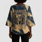 Maahes Ancient Egyptian Kimono Sleeve Blouse Geometric Pattern Winged Lion Deity, and Sacred Lotus Motif - African Pride