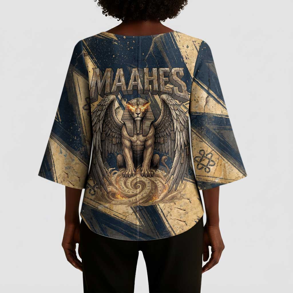 Maahes Ancient Egyptian Kimono Sleeve Blouse Geometric Pattern Winged Lion Deity, and Sacred Lotus Motif - African Pride