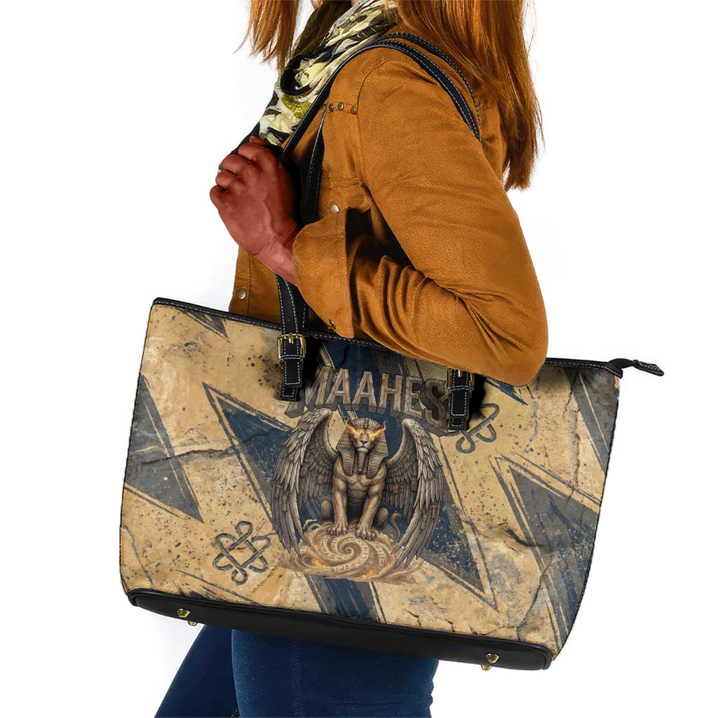 Maahes Ancient Egyptian Leather Tote Bag Geometric Pattern Winged Lion Deity, and Sacred Lotus Motif - African Pride