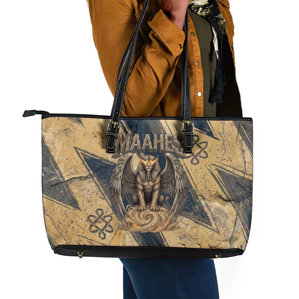 Maahes Ancient Egyptian Leather Tote Bag Geometric Pattern Winged Lion Deity, and Sacred Lotus Motif - African Pride
