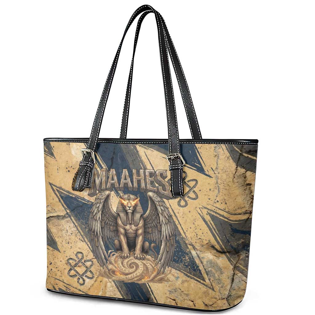 Maahes Ancient Egyptian Leather Tote Bag Geometric Pattern Winged Lion Deity, and Sacred Lotus Motif - African Pride