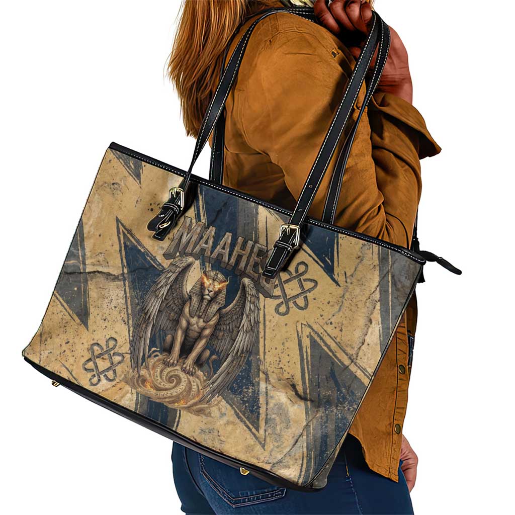 Maahes Ancient Egyptian Leather Tote Bag Geometric Pattern Winged Lion Deity, and Sacred Lotus Motif - African Pride