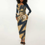 Maahes Ancient Egyptian Long Sleeve Bodycon Dress Geometric Pattern Winged Lion Deity, and Sacred Lotus Motif - African Pride