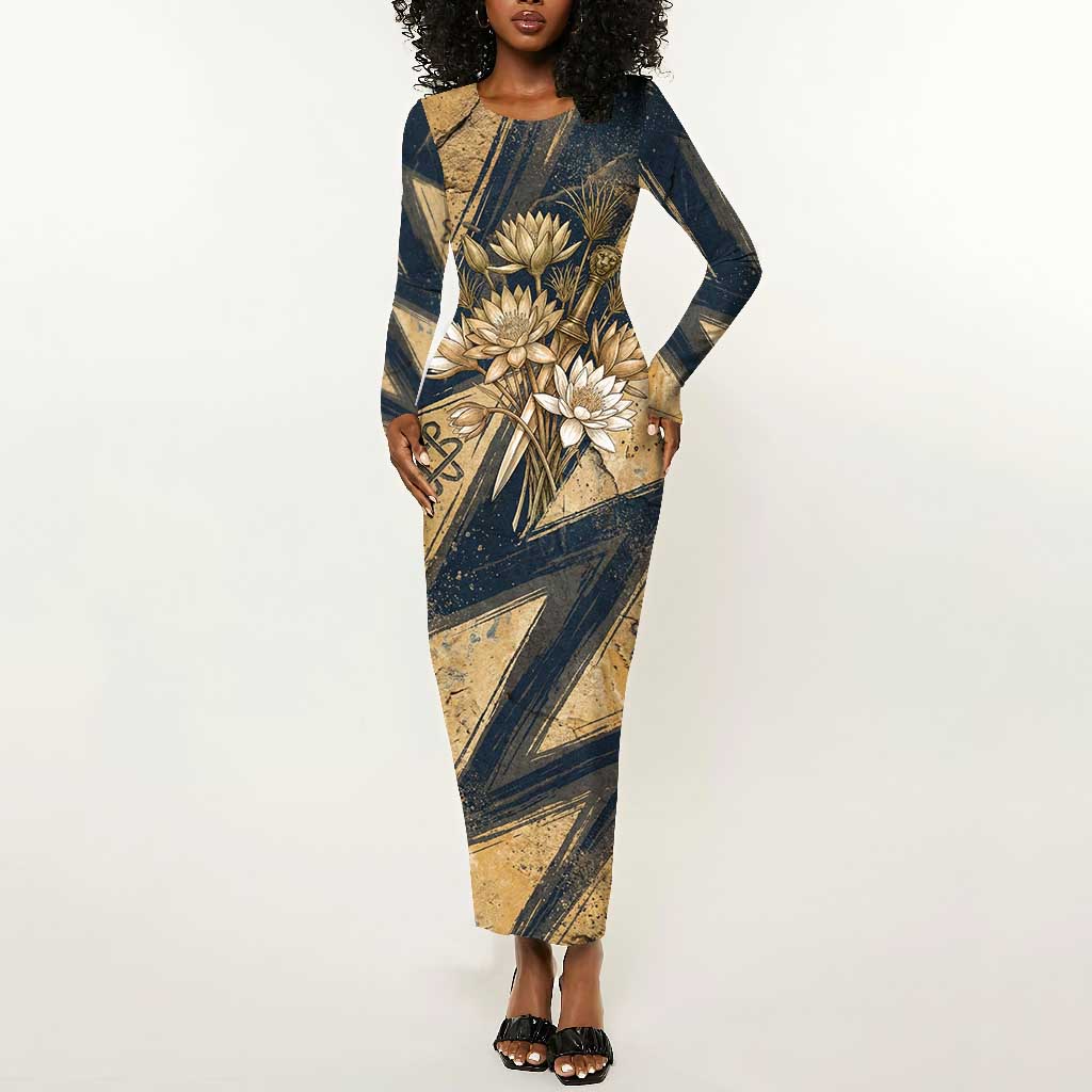 Maahes Ancient Egyptian Long Sleeve Bodycon Dress Geometric Pattern Winged Lion Deity, and Sacred Lotus Motif - African Pride