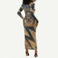 Maahes Ancient Egyptian Long Sleeve Bodycon Dress Geometric Pattern Winged Lion Deity, and Sacred Lotus Motif - African Pride