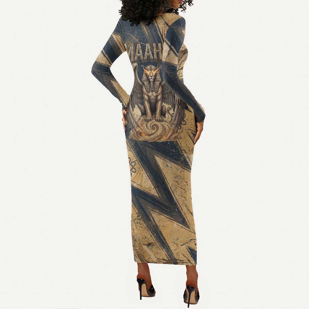 Maahes Ancient Egyptian Long Sleeve Bodycon Dress Geometric Pattern Winged Lion Deity, and Sacred Lotus Motif - African Pride