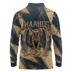Maahes Ancient Egyptian Long Sleeve Polo Shirt Geometric Pattern Winged Lion Deity, and Sacred Lotus Motif - African Pride