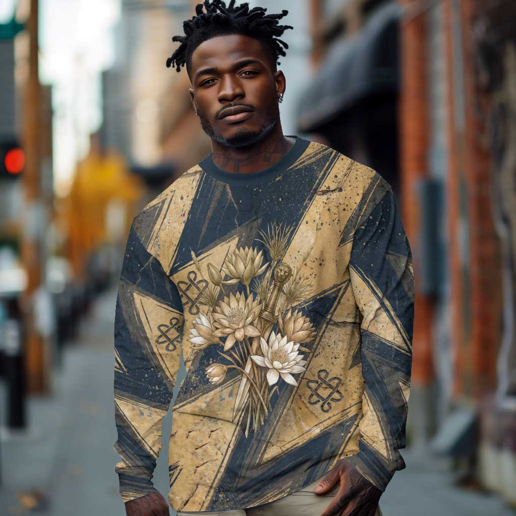 Maahes Ancient Egyptian Long Sleeve Shirt Geometric Pattern Winged Lion Deity, and Sacred Lotus Motif - African Pride