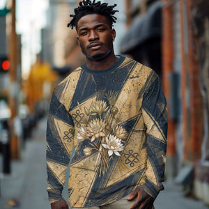 Maahes Ancient Egyptian Long Sleeve Shirt Geometric Pattern Winged Lion Deity, and Sacred Lotus Motif - African Pride