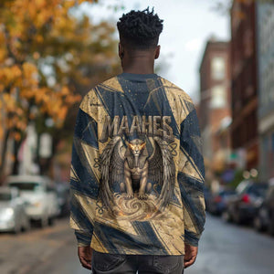 Maahes Ancient Egyptian Long Sleeve Shirt Geometric Pattern Winged Lion Deity, and Sacred Lotus Motif - African Pride