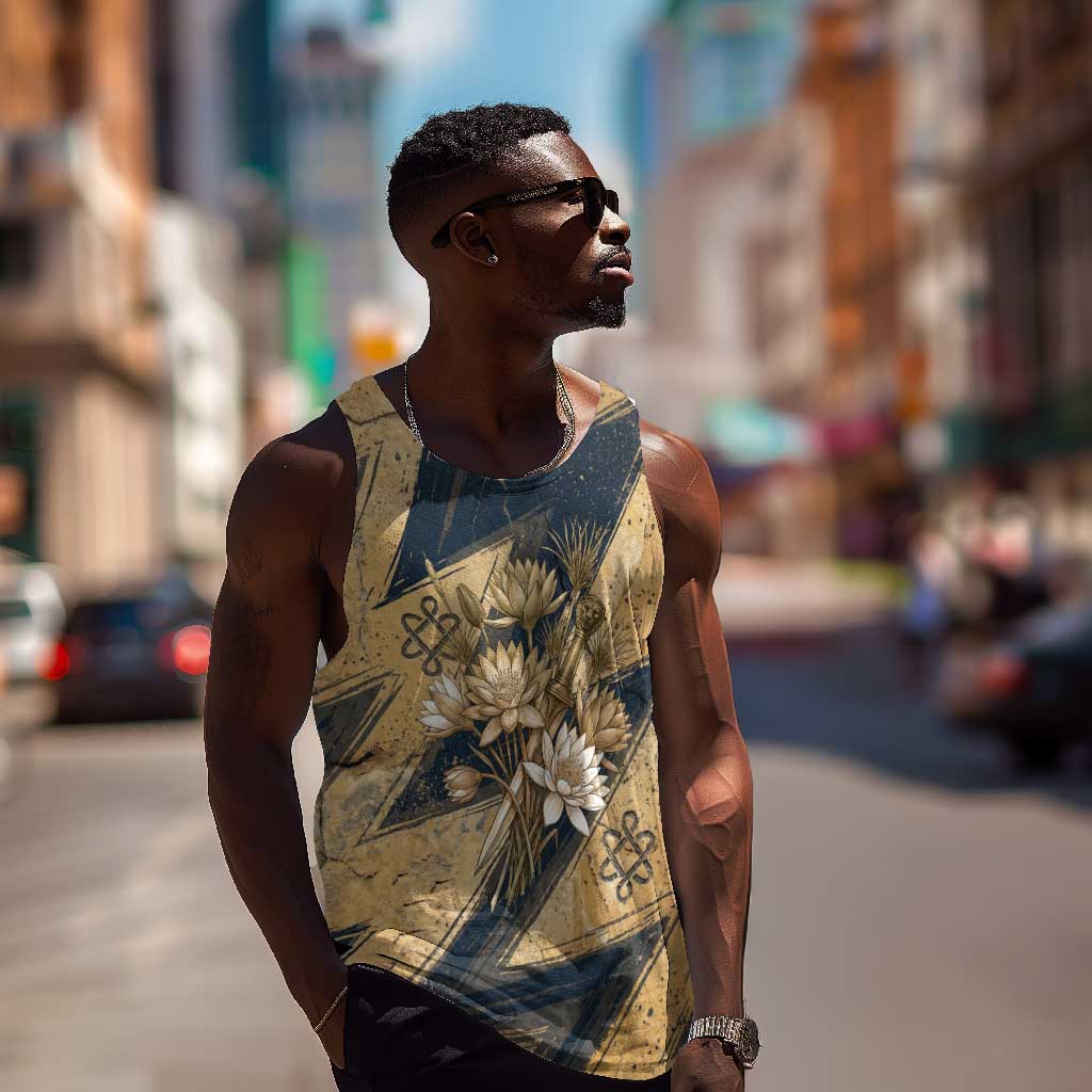 Maahes Ancient Egyptian Men Tank Top Geometric Pattern Winged Lion Deity, and Sacred Lotus Motif - African Pride