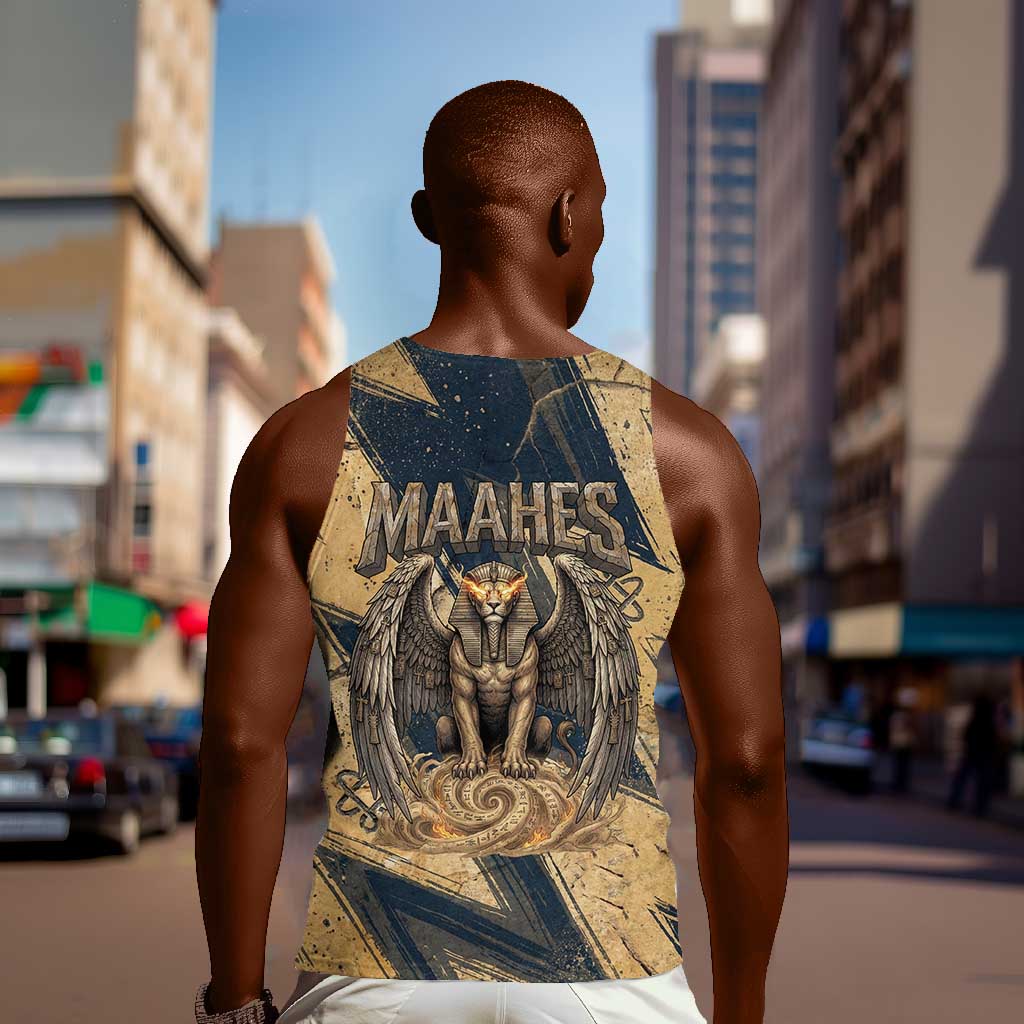 Maahes Ancient Egyptian Men Tank Top Geometric Pattern Winged Lion Deity, and Sacred Lotus Motif - African Pride