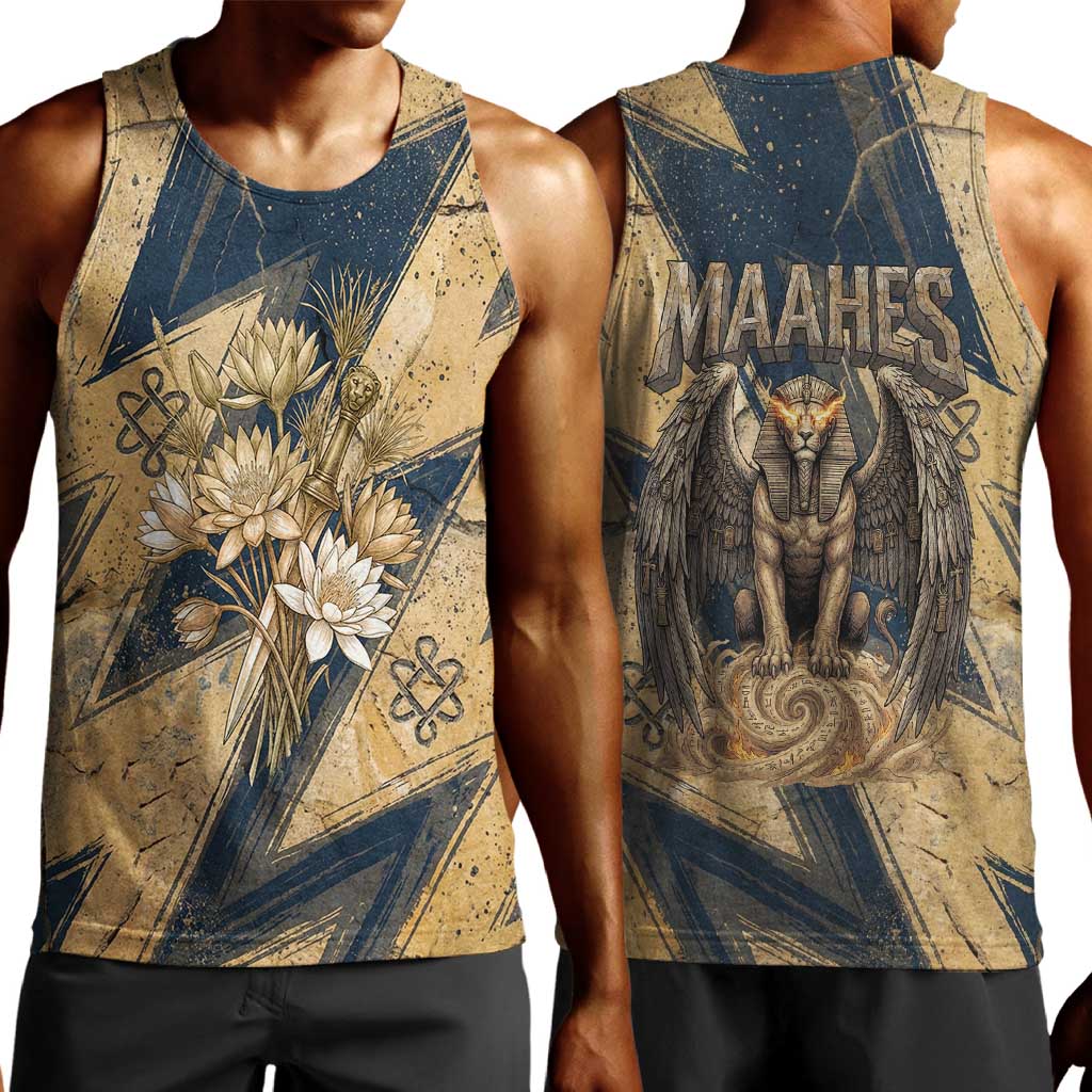 Maahes Ancient Egyptian Men Tank Top Geometric Pattern Winged Lion Deity, and Sacred Lotus Motif - African Pride