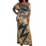 Maahes Ancient Egyptian Off Shoulder Maxi Dress Geometric Pattern Winged Lion Deity, and Sacred Lotus Motif - African Pride