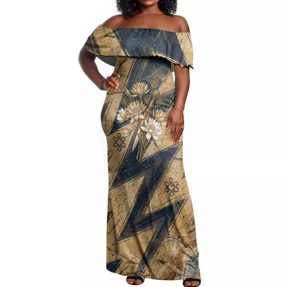 Maahes Ancient Egyptian Off Shoulder Maxi Dress Geometric Pattern Winged Lion Deity, and Sacred Lotus Motif - African Pride