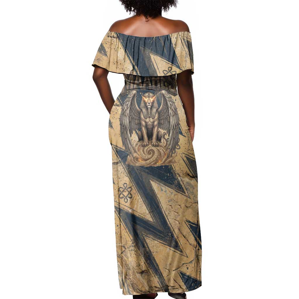 Maahes Ancient Egyptian Off Shoulder Maxi Dress Geometric Pattern Winged Lion Deity, and Sacred Lotus Motif - African Pride