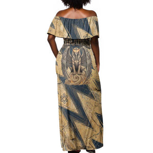 Maahes Ancient Egyptian Off Shoulder Maxi Dress Geometric Pattern Winged Lion Deity, and Sacred Lotus Motif - African Pride