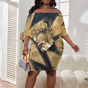 Maahes Ancient Egyptian Off Shoulder Short Dress Geometric Pattern Winged Lion Deity, and Sacred Lotus Motif - African Pride