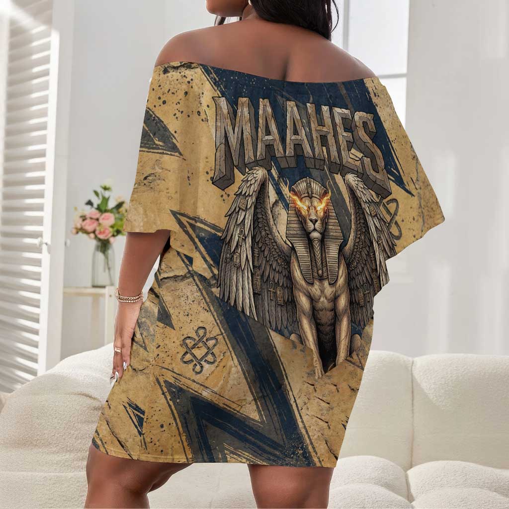 Maahes Ancient Egyptian Off Shoulder Short Dress Geometric Pattern Winged Lion Deity, and Sacred Lotus Motif - African Pride
