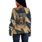 Maahes Ancient Egyptian Off Shoulder Sweater Geometric Pattern Winged Lion Deity, and Sacred Lotus Motif - African Pride