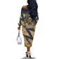 Maahes Ancient Egyptian Off The Shoulder Long Sleeve Dress Geometric Pattern Winged Lion Deity, and Sacred Lotus Motif - African Pride