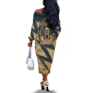 Maahes Ancient Egyptian Off The Shoulder Long Sleeve Dress Geometric Pattern Winged Lion Deity, and Sacred Lotus Motif - African Pride