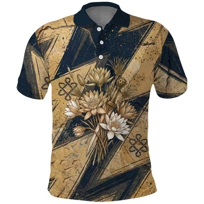 Maahes Ancient Egyptian Polo Shirt Geometric Pattern Winged Lion Deity, and Sacred Lotus Motif - African Pride