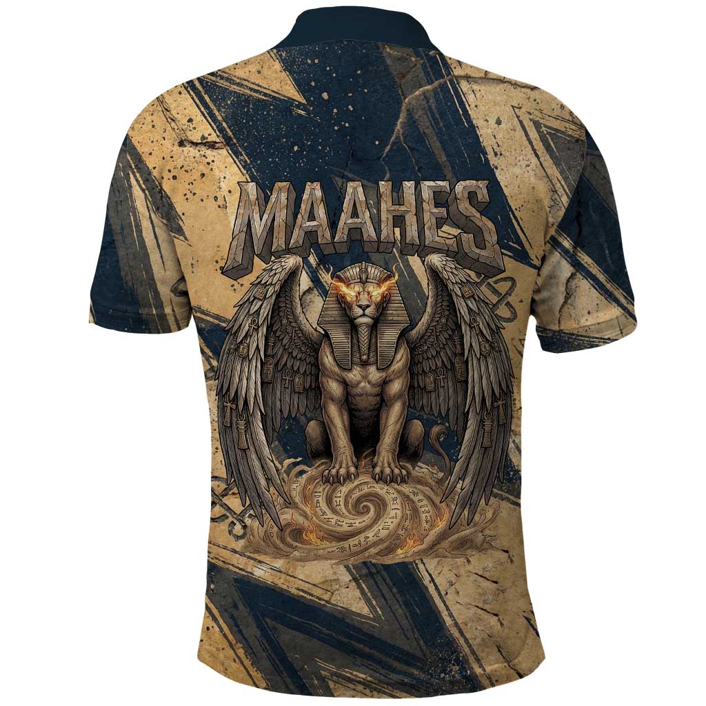 Maahes Ancient Egyptian Polo Shirt Geometric Pattern Winged Lion Deity, and Sacred Lotus Motif - African Pride