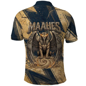Maahes Ancient Egyptian Polo Shirt Geometric Pattern Winged Lion Deity, and Sacred Lotus Motif - African Pride
