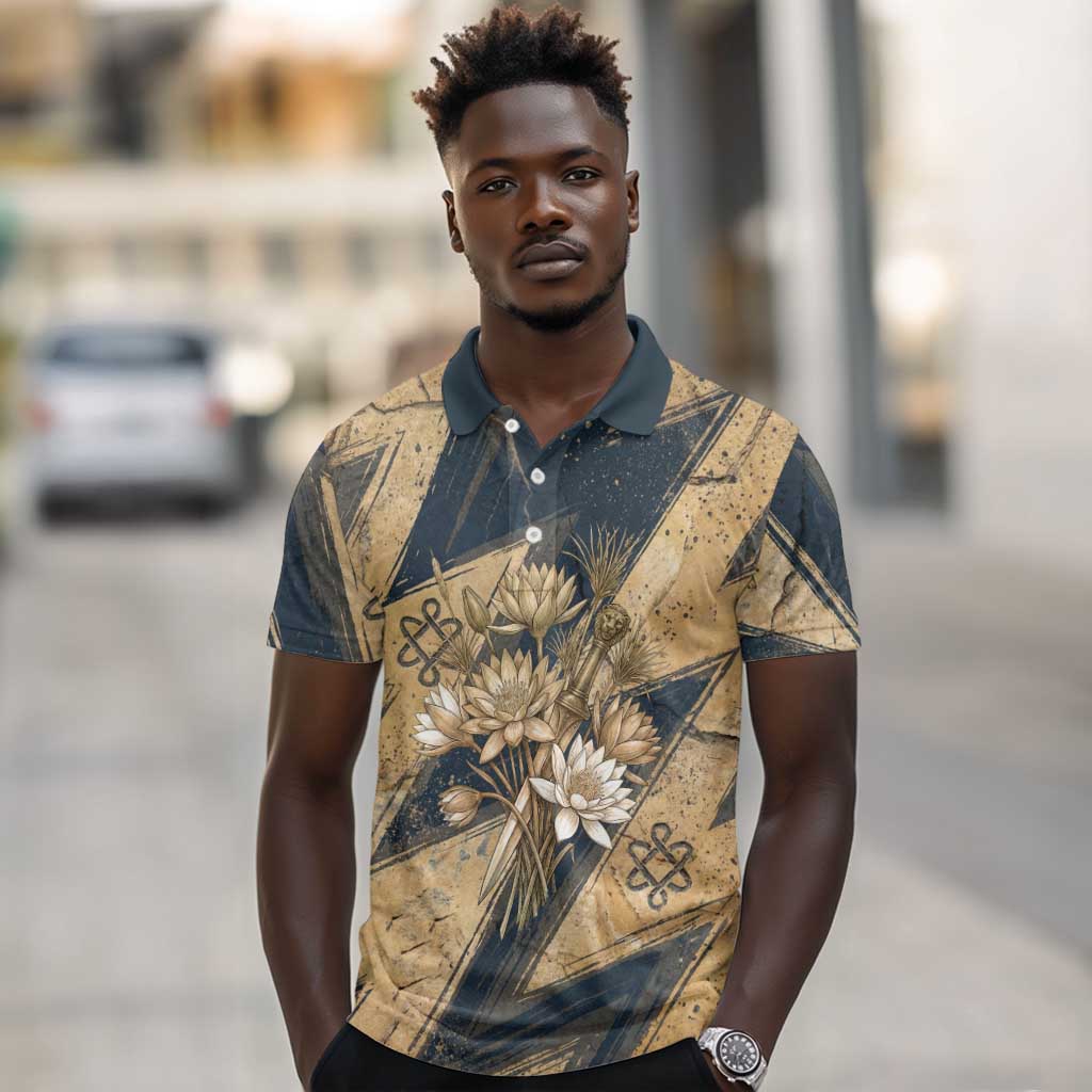 Maahes Ancient Egyptian Polo Shirt Geometric Pattern Winged Lion Deity, and Sacred Lotus Motif - African Pride