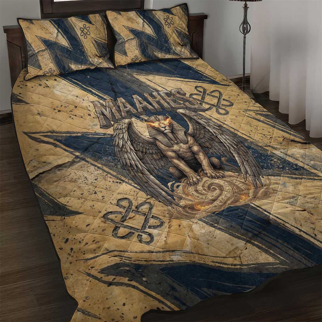 Maahes Ancient Egyptian Quilt Bed Set Geometric Pattern Winged Lion Deity, and Sacred Lotus Motif - African Pride