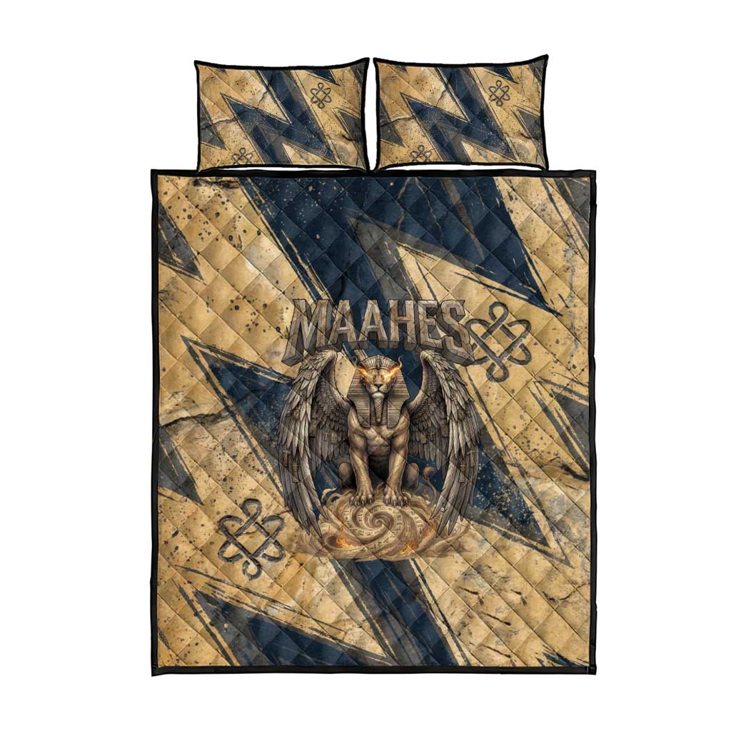 Maahes Ancient Egyptian Quilt Bed Set Geometric Pattern Winged Lion Deity, and Sacred Lotus Motif - African Pride