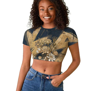 Maahes Ancient Egyptian Raglan Cropped T shirt Geometric Pattern Winged Lion Deity, and Sacred Lotus Motif - African Pride
