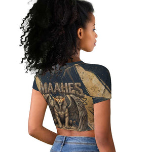 Maahes Ancient Egyptian Raglan Cropped T shirt Geometric Pattern Winged Lion Deity, and Sacred Lotus Motif - African Pride