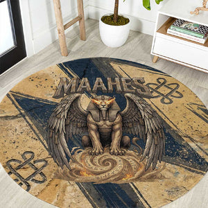 Maahes Ancient Egyptian Round Carpet Geometric Pattern Winged Lion Deity, and Sacred Lotus Motif - African Pride
