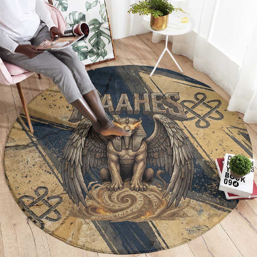 Maahes Ancient Egyptian Round Carpet Geometric Pattern Winged Lion Deity, and Sacred Lotus Motif - African Pride