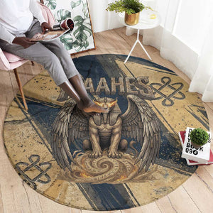 Maahes Ancient Egyptian Round Carpet Geometric Pattern Winged Lion Deity, and Sacred Lotus Motif - African Pride
