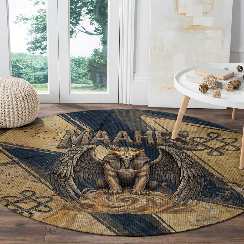 Maahes Ancient Egyptian Round Carpet Geometric Pattern Winged Lion Deity, and Sacred Lotus Motif - African Pride
