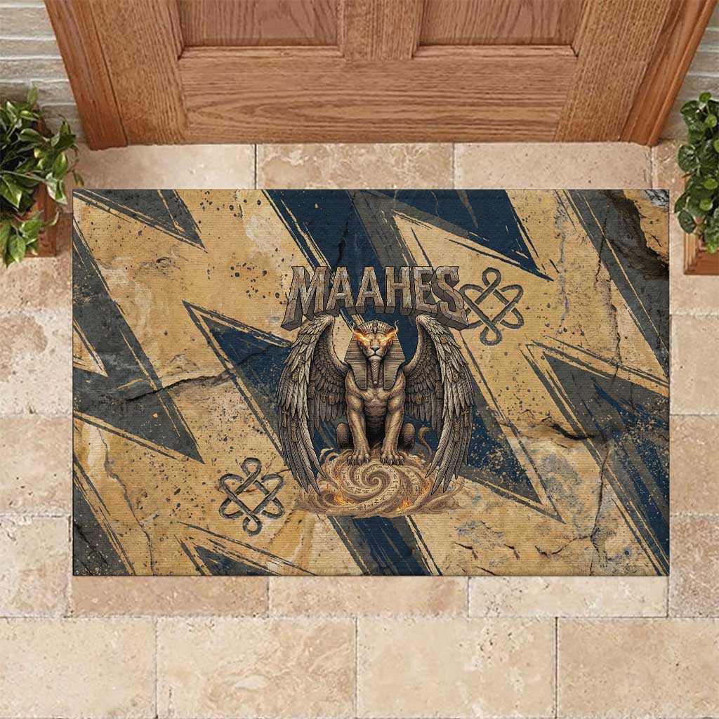 Maahes Ancient Egyptian Rubber Doormat Geometric Pattern Winged Lion Deity, and Sacred Lotus Motif - African Pride