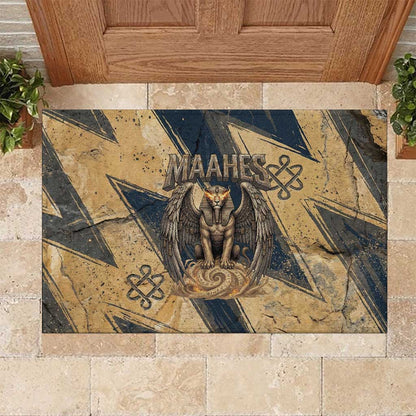 Maahes Ancient Egyptian Rubber Doormat Geometric Pattern Winged Lion Deity, and Sacred Lotus Motif - African Pride