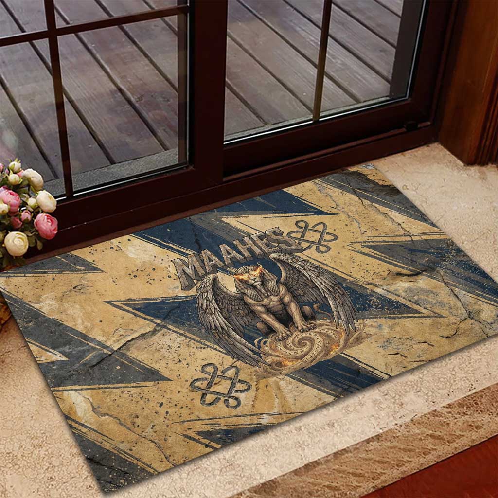 Maahes Ancient Egyptian Rubber Doormat Geometric Pattern Winged Lion Deity, and Sacred Lotus Motif - African Pride