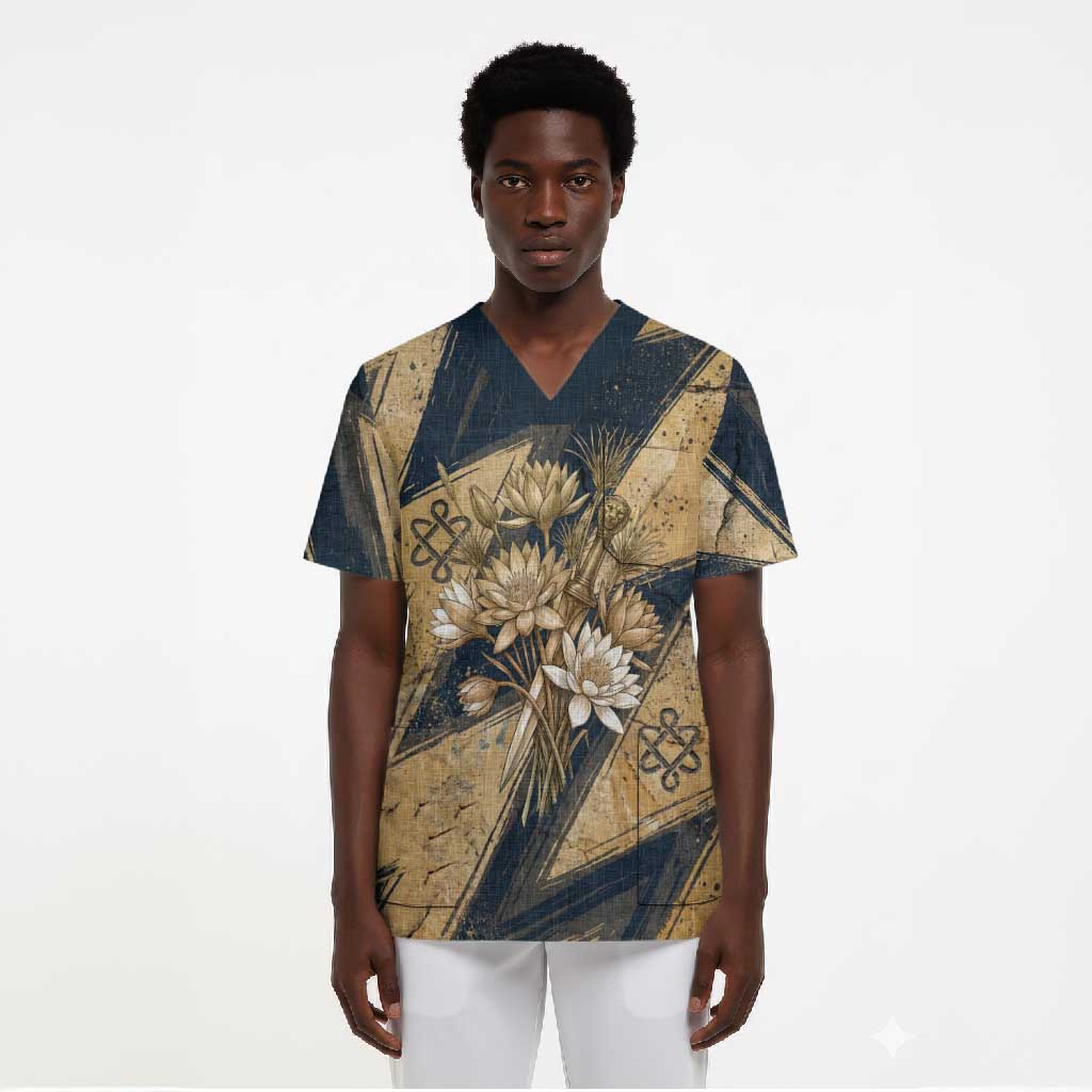Maahes Ancient Egyptian Scrub Top Geometric Pattern Winged Lion Deity, and Sacred Lotus Motif - African Pride