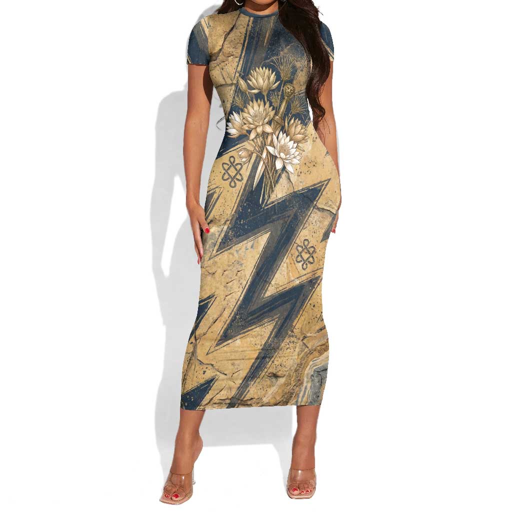 Maahes Ancient Egyptian Short Sleeve Bodycon Dress Geometric Pattern Winged Lion Deity, and Sacred Lotus Motif - African Pride