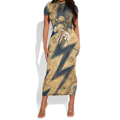 Maahes Ancient Egyptian Short Sleeve Bodycon Dress Geometric Pattern Winged Lion Deity, and Sacred Lotus Motif - African Pride