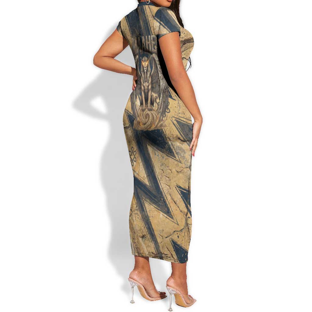 Maahes Ancient Egyptian Short Sleeve Bodycon Dress Geometric Pattern Winged Lion Deity, and Sacred Lotus Motif - African Pride