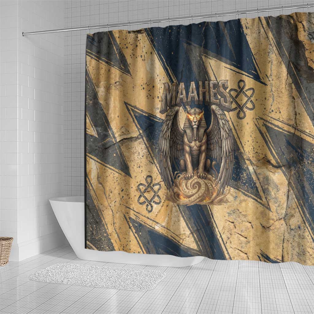 Maahes Ancient Egyptian Shower Curtain Geometric Pattern Winged Lion Deity, and Sacred Lotus Motif - African Pride