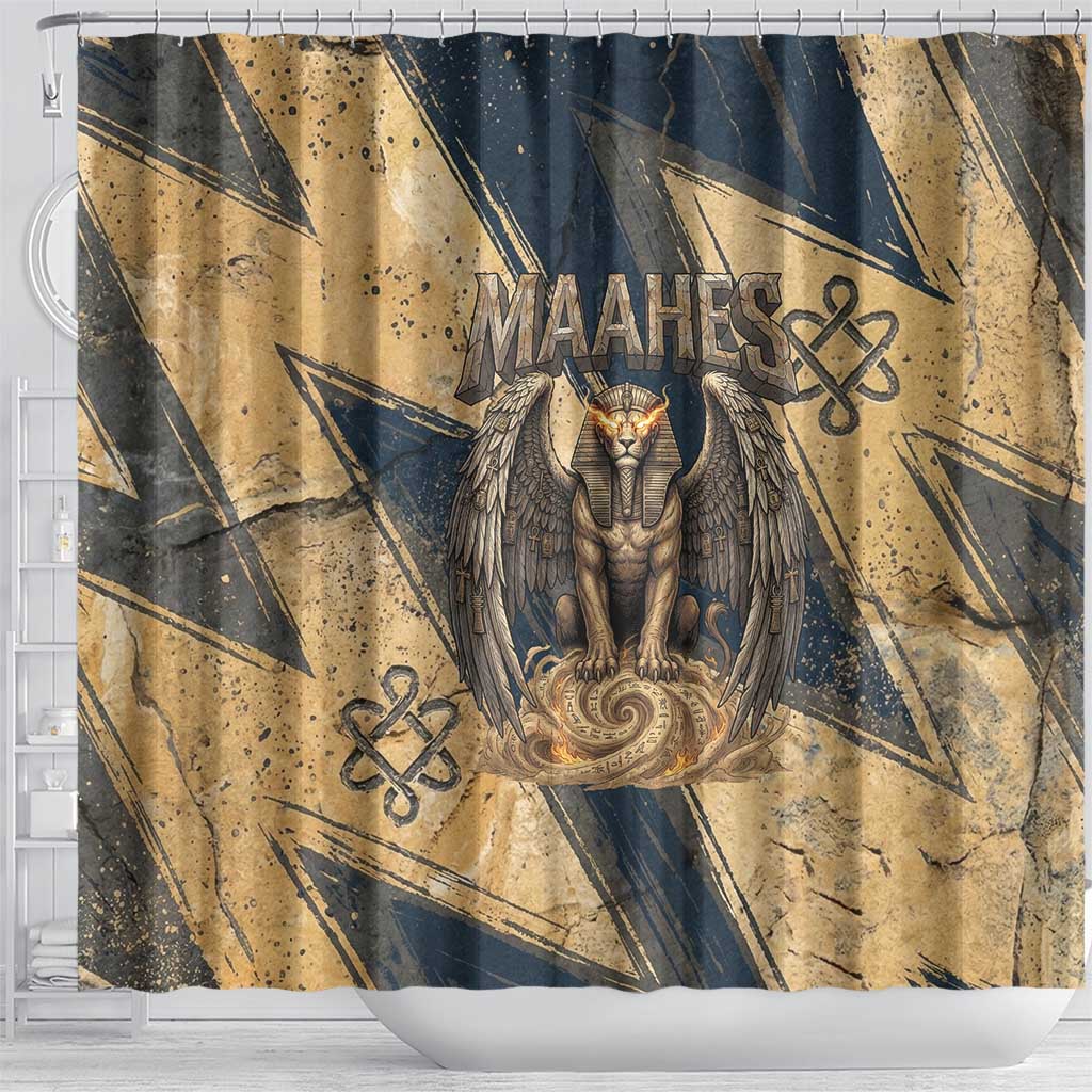 Maahes Ancient Egyptian Shower Curtain Geometric Pattern Winged Lion Deity, and Sacred Lotus Motif - African Pride