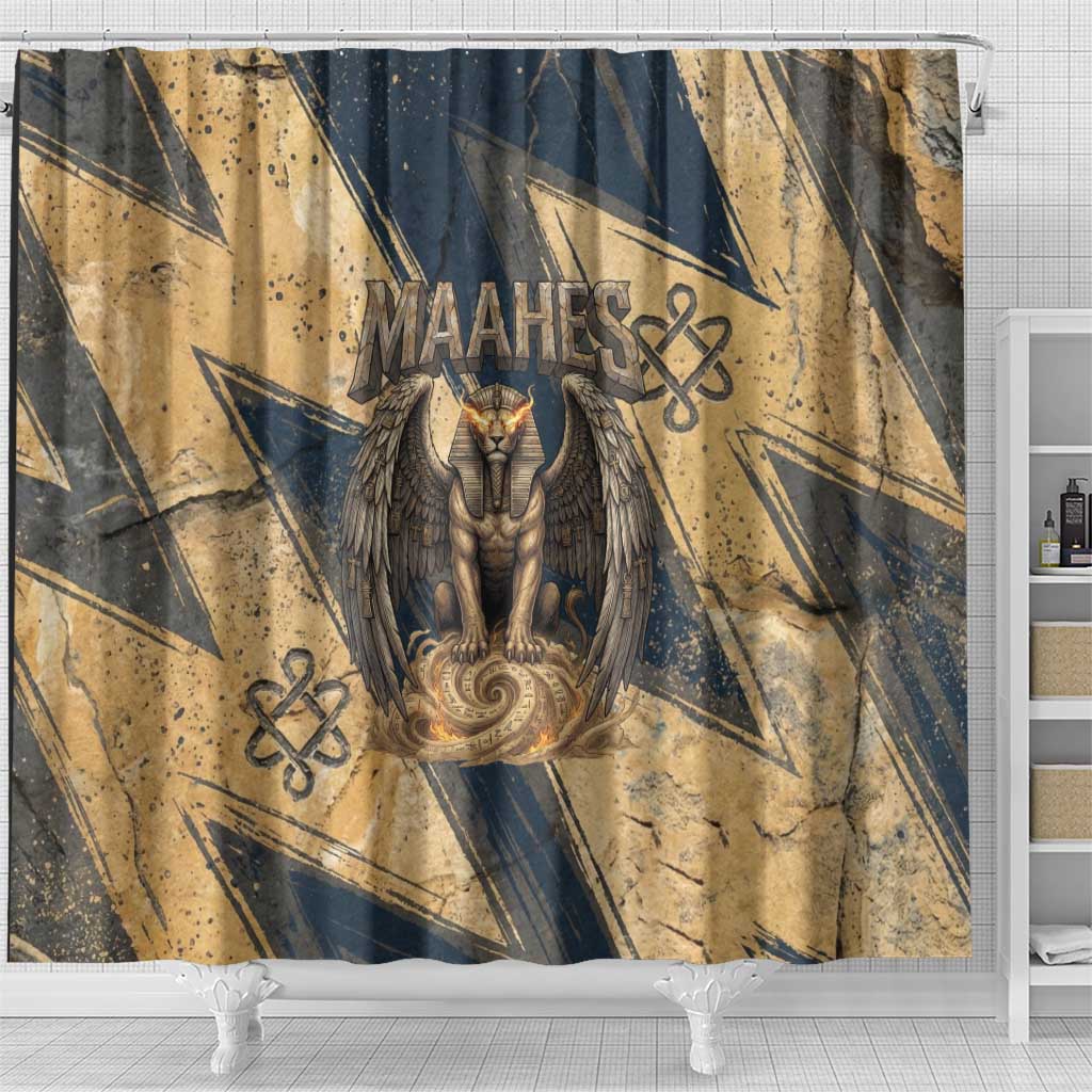 Maahes Ancient Egyptian Shower Curtain Geometric Pattern Winged Lion Deity, and Sacred Lotus Motif - African Pride