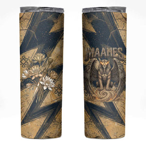 Maahes Ancient Egyptian Skinny Tumbler Geometric Pattern Winged Lion Deity, and Sacred Lotus Motif - African Pride